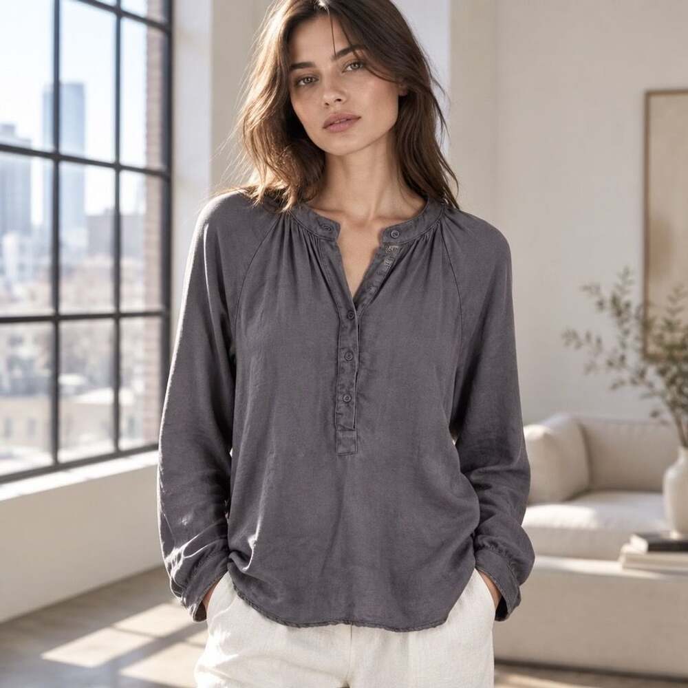 Bella Dahl Long Sleeve Henley Blouse Size L Gray Tencel